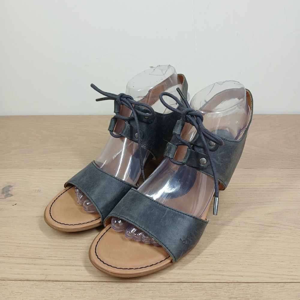 b.o.c. Born Concept Lace Up Sandals Women's 9 Dark Grey Leather Wood Grain Heel
